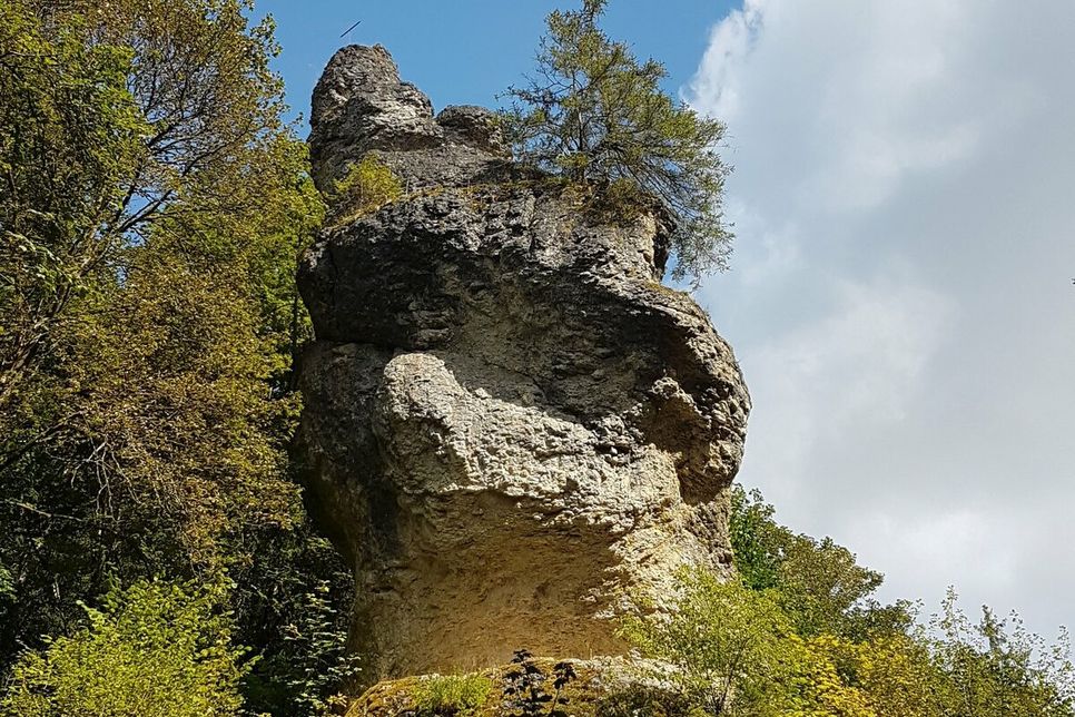 EINE WEITHIN BEKANNTE WEGMARKE: Das sagenumwobene Wentalweible ist wohl das markanteste Naturdenkmal auf dem an Attraktionen nicht gerade armen Meteorkrater-Rundwanderweg.Foto: Andreas Pröbstle