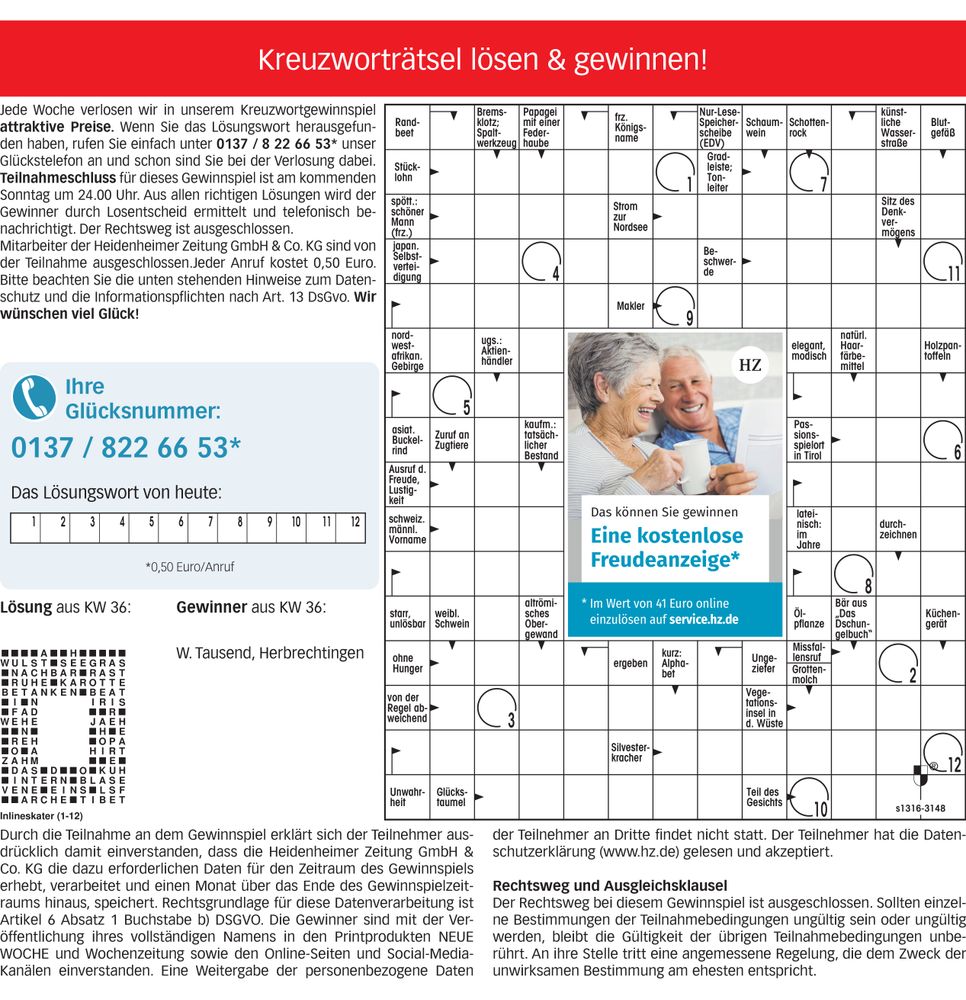 Kreuzworträtsel WZ Freudeanzeige